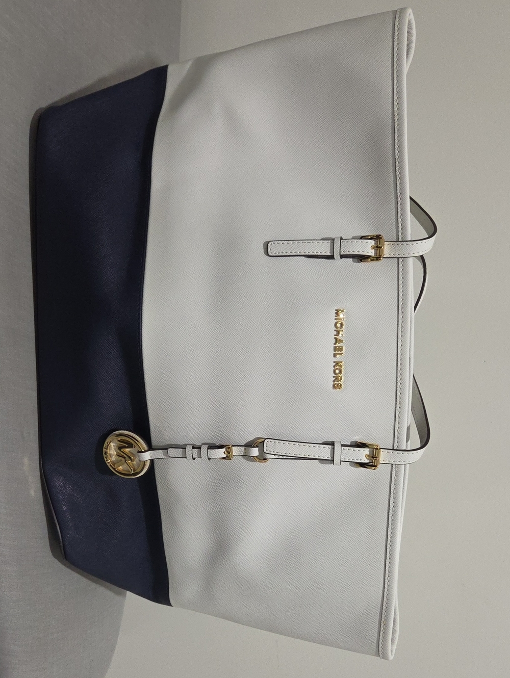 Michael Kors White and Navy Colorblock Saffiano Tote with Gold Hardware